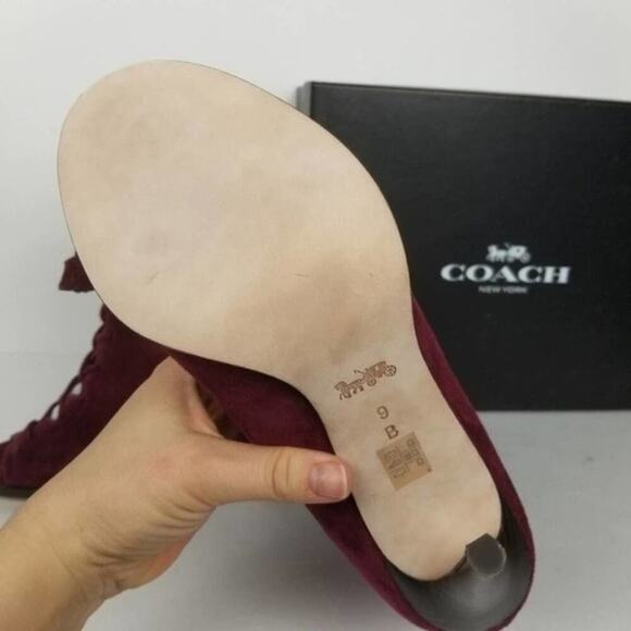 COACH Lena‎ Lux suede lace up heels burgundy size 9 - Picture 8 of 8